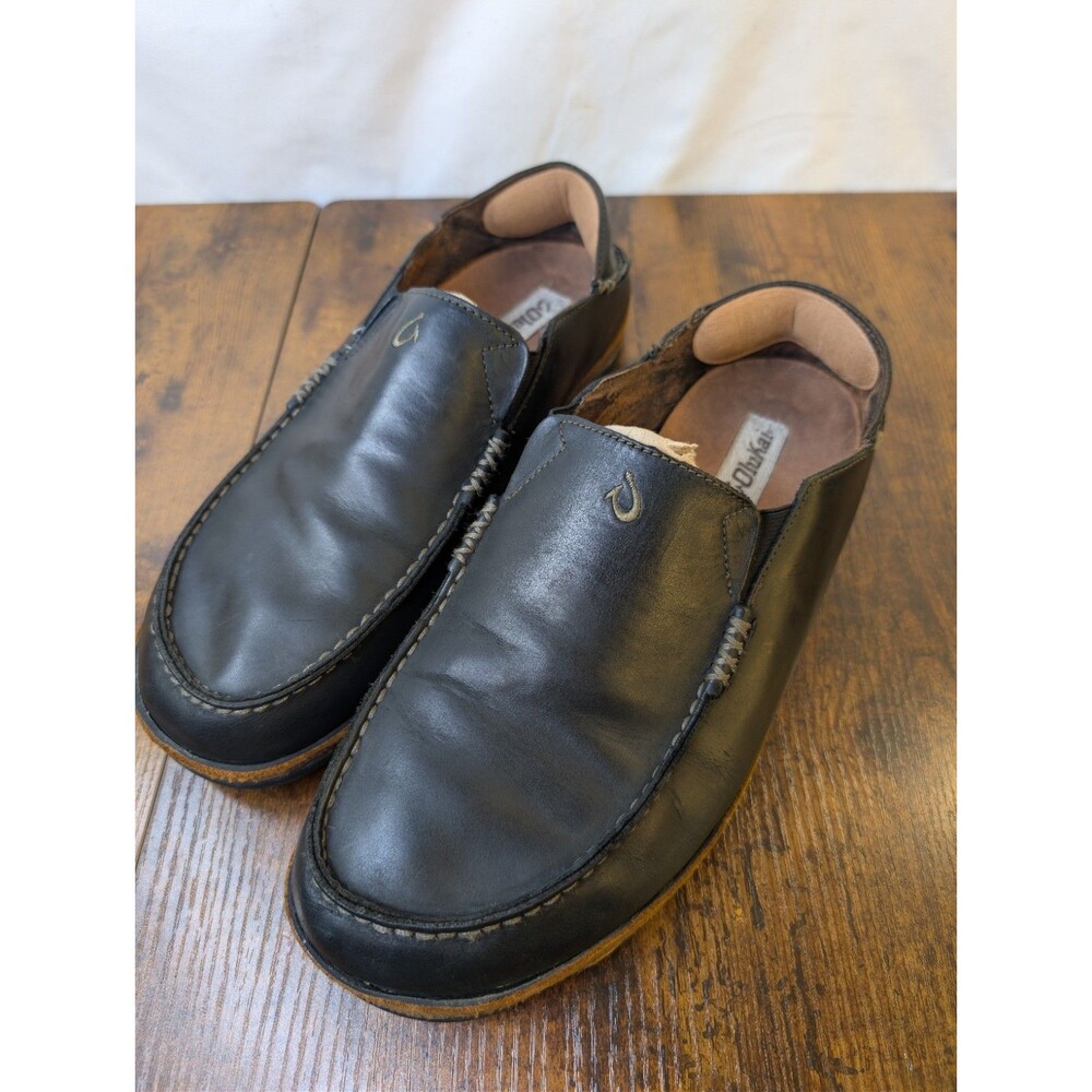 OluKai Moloa Mens 11.5 Black Toffee Leather Slip On Loafers Shoes 10128-4033 EXC